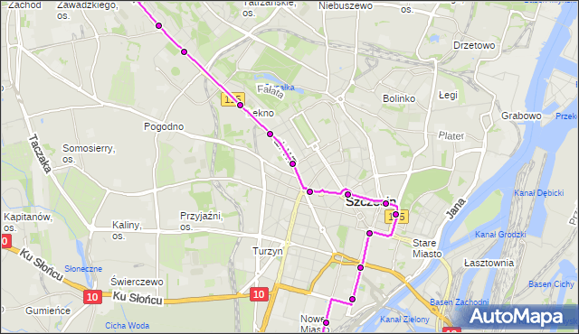 Mapa Polski Targeo, Tramwaj 1 - trasa Potulicka - Zajezdnia Pogodno. ZDiTM Szczecin na mapie Targeo