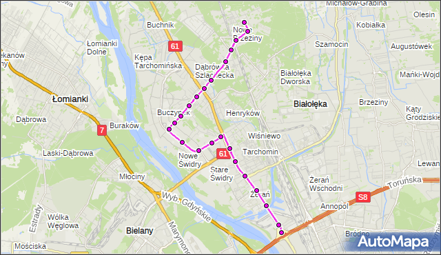 Mapa Polski Targeo, Autobus 133 - trasa ŻERAŃ FSO - CHOSZCZÓWKA. ZTM Warszawa na mapie Targeo