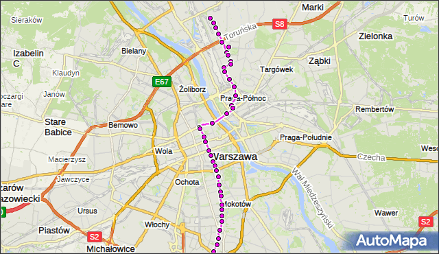 Mapa Polski Targeo, Tramwaj 4 - trasa ŻERAŃ WSCHODNI - WYŚCIGI. ZTM Warszawa na mapie Targeo