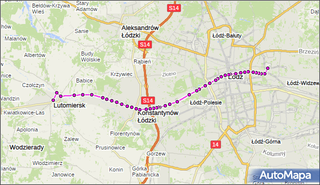 Mapa Polski Targeo, Tramwaj 43 - trasa Telefoniczna - pl. Jana Pawła II (Lutomiersk). MPKLodz na mapie Targeo