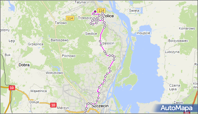 Mapa Polski Targeo, Autobus 524 - trasa Pomorzany Dobrzyńska - Police Zajezdnia. ZDiTM Szczecin na mapie Targeo