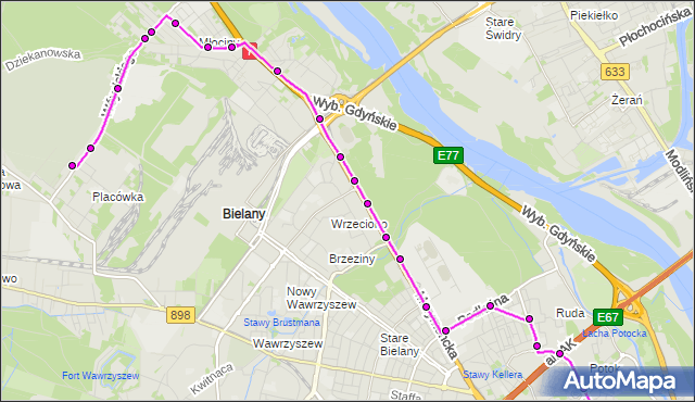 Mapa Polski Targeo, Autobus 181 - trasa PL.WILSONA - CM.PÓŁNOCNY-BRAMA GŁ.. ZTM Warszawa na mapie Targeo