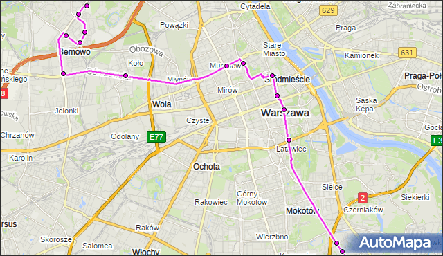 Mapa Polski Targeo, Autobus E-2 - trasa WILANÓW - NOWE BEMOWO. ZTM Warszawa na mapie Targeo