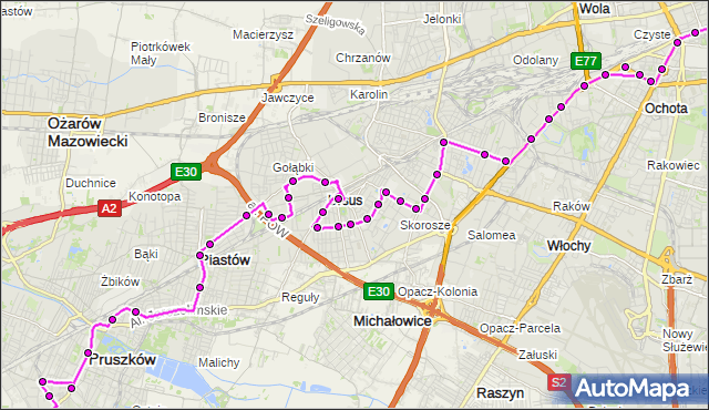 Mapa Polski Targeo, Autobus N85 - trasa DW.CENTRALNY - OS.STASZICA PR. ZTM Warszawa na mapie Targeo