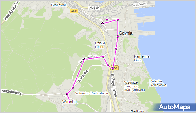 Mapa Polski Targeo, Autobus 190 - trasa Długa - Gdynia Dworzec Gł. PKP. ZKMGdynia na mapie Targeo