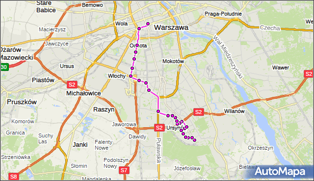 Mapa Polski Targeo, Autobus 504 - trasa OS.KABATY - DW.CENTRALNY. ZTM Warszawa na mapie Targeo