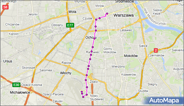 Mapa Polski Targeo, Autobus N32 - trasa LOTNISKO CHOPINA - DW.CENTRALNY. ZTM Warszawa na mapie Targeo