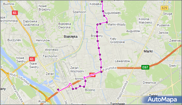 Mapa Polski Targeo, Autobus 134 - trasa OLESIN - ŻERAŃ FSO. ZTM Warszawa na mapie Targeo