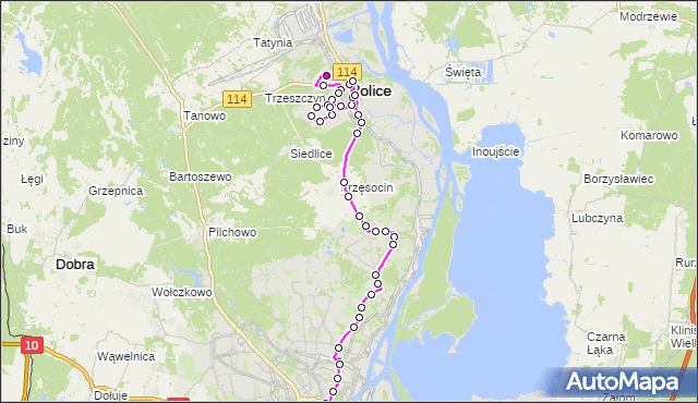 Mapa Polski Targeo, Autobus 524 - trasa Police Zajezdnia - Plac Rodła. ZDiTM Szczecin na mapie Targeo