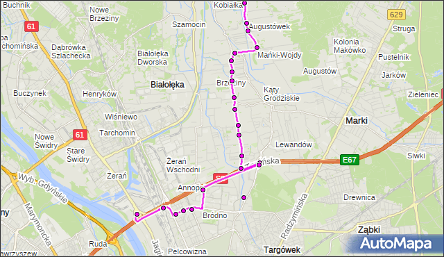 Mapa Polski Targeo, Autobus 134 - trasa ŻERAŃ FSO - OLESIN. ZTM Warszawa na mapie Targeo