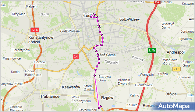 Mapa Polski Targeo, Autobus 70 - trasa - Centrum Handlowe PTAK. MPKLodz na mapie Targeo