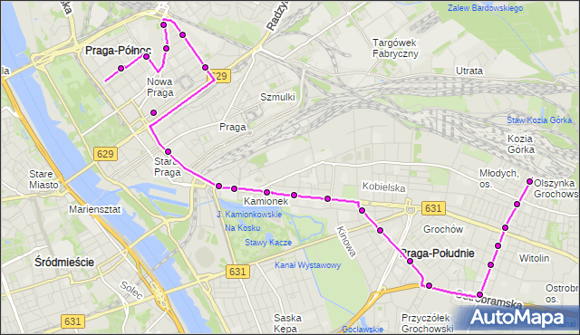 Mapa Polski Targeo, Autobus 135 - trasa PKP OLSZYNKA GROCHOWSKA - PL.HALLERA. ZTM Warszawa na mapie Targeo