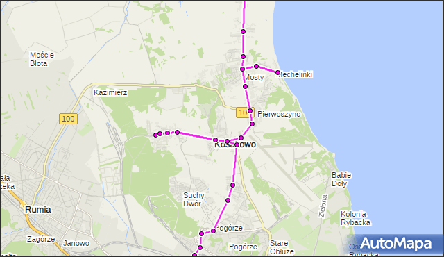 Mapa Polski Targeo, Autobus 165 - trasa Rewa - Słoneczna - Chylonia Krzywoustego . ZKMGdynia na mapie Targeo