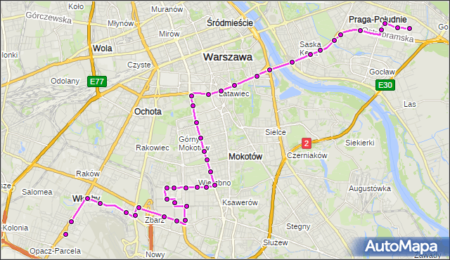 Mapa Polski Targeo, Autobus 182 - trasa OKĘCIE - WITOLIN. ZTM Warszawa na mapie Targeo