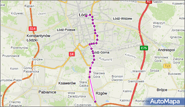 Mapa Polski Targeo, Autobus 70 - trasa - plac Dąbrowskiego. MPKLodz na mapie Targeo