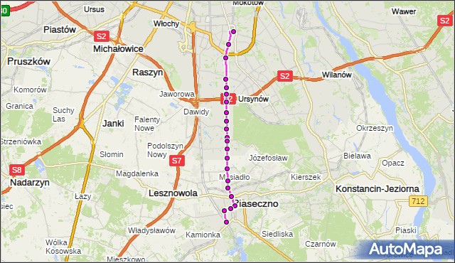 Mapa Polski Targeo, Autobus 709 - trasa METRO WILANOWSKA - PKP PIASECZNO PS. ZTM Warszawa na mapie Targeo