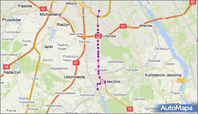 Mapa Polski Targeo, Autobus 709 - trasa PKP PIASECZNO PS - METRO WILANOWSKA. ZTM Warszawa na mapie Targeo