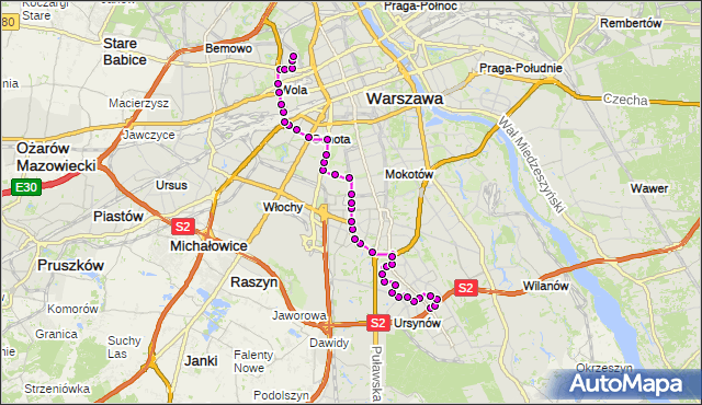 Mapa Polski Targeo, Autobus 136 - trasa NATOLIN PŁN. - MŁYNÓW. ZTM Warszawa na mapie Targeo
