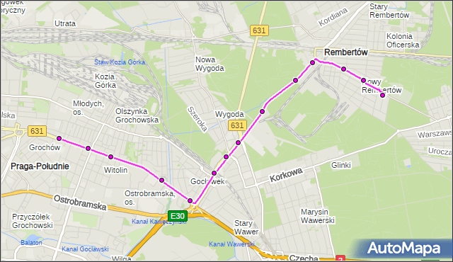 Mapa Polski Targeo, Autobus 183 - trasa NOWY REMBERTÓW - WIATRACZNA. ZTM Warszawa na mapie Targeo