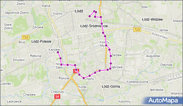 Mapa Polski Targeo, Autobus 70 - trasa - zajezdnia NOWE SADY. MPKLodz na mapie Targeo