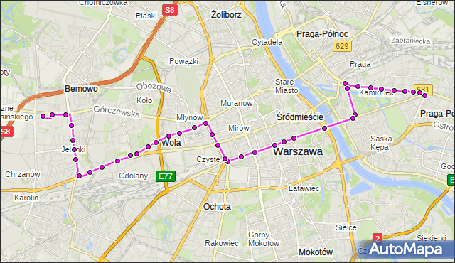 Mapa Polski Targeo, Tramwaj 8 - trasa WIATRACZNA - OS.GÓRCZEWSKA. ZTM Warszawa na mapie Targeo