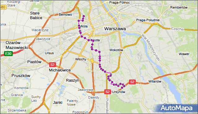 Mapa Polski Targeo, Autobus 136 - trasa MŁYNÓW - NATOLIN PŁN.. ZTM Warszawa na mapie Targeo