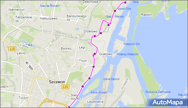 Mapa Polski Targeo, Tramwaj 3 - trasa Zajezdnia Golęcin - Dworcowa. ZDiTM Szczecin na mapie Targeo