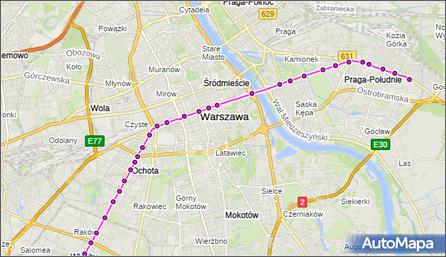 Mapa Polski Targeo, Tramwaj 9 - trasa OKĘCIE - GOCŁAWEK. ZTM Warszawa na mapie Targeo