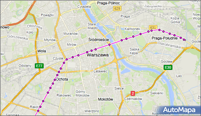 Mapa Polski Targeo, Tramwaj 9 - trasa GOCŁAWEK - OKĘCIE. ZTM Warszawa na mapie Targeo