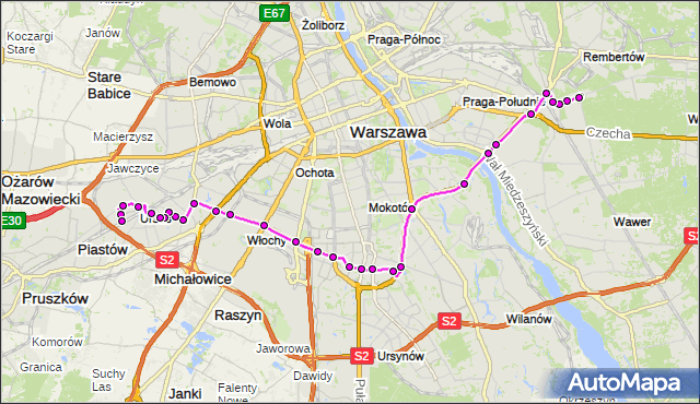 Mapa Polski Targeo, Autobus 401 - trasa MARYSIN - URSUS-NIEDŹWIADEK. ZTM Warszawa na mapie Targeo