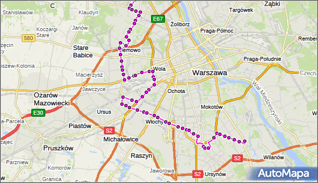 Mapa Polski Targeo, Autobus N01 - trasa METRO MŁOCINY - WILANÓW. ZTM Warszawa na mapie Targeo