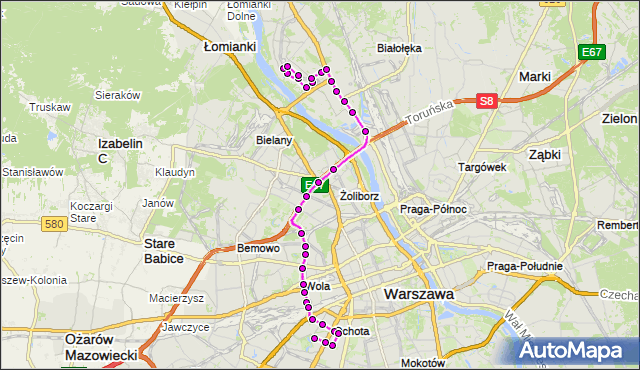 Mapa Polski Targeo, Autobus 186 - trasa TARCHOMIN - SZCZĘŚLIWICE. ZTM Warszawa na mapie Targeo