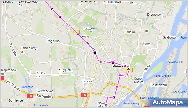 Mapa Polski Targeo, Tramwaj 4 - trasa Potulicka - Zajezdnia Pogodno. ZDiTM Szczecin na mapie Targeo