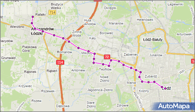 Mapa Polski Targeo, Autobus 78 - trasa Targowy Rynek(Aleksandrów) - plac Wolności. MPKLodz na mapie Targeo