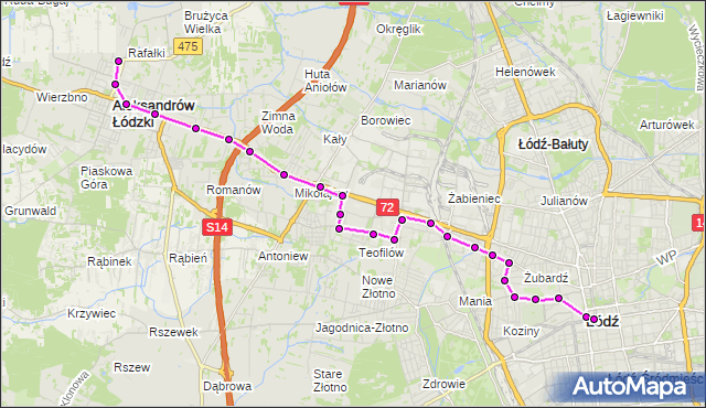 Mapa Polski Targeo, Autobus 78 - trasa Targowy Rynek(Aleksandrów) - plac Wolności. MPKLodz na mapie Targeo
