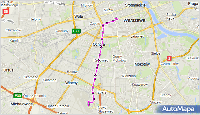 Mapa Polski Targeo, Autobus N32 - trasa DW.CENTRALNY - LOTNISKO CHOPINA. ZTM Warszawa na mapie Targeo