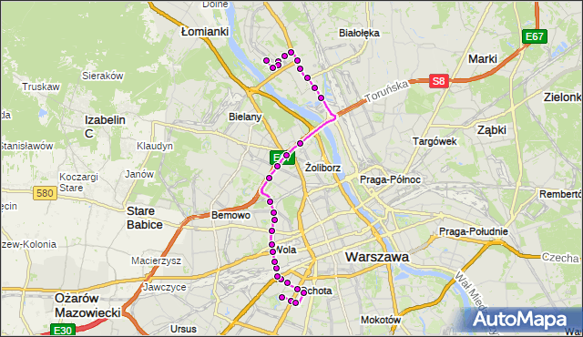 Mapa Polski Targeo, Autobus 186 - trasa SZCZĘŚLIWICE - TARCHOMIN. ZTM Warszawa na mapie Targeo
