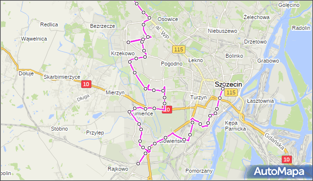 Mapa Polski Targeo, Autobus 529 - trasa Plac Rodła - Jaworowa. ZDiTM Szczecin na mapie Targeo