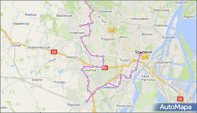 Mapa Polski Targeo, Autobus 529 - trasa Jaworowa - Plac Rodła. ZDiTM Szczecin na mapie Targeo