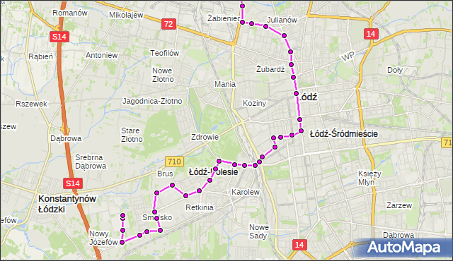 Mapa Polski Targeo, Autobus 99 - trasa 11 Listopada - Nowy Józefów - pętla. MPKLodz na mapie Targeo