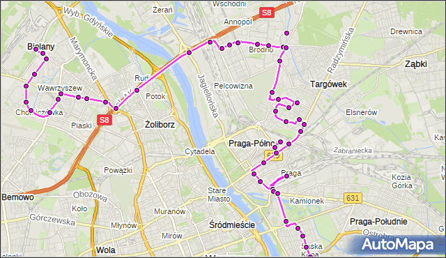 Mapa Polski Targeo, Autobus N02 - trasa METRO MŁOCINY - GOCŁAW. ZTM Warszawa na mapie Targeo