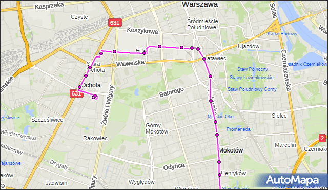 Mapa Polski Targeo, Tramwaj 14 - trasa BANACHA - METRO WILANOWSKA. ZTM Warszawa na mapie Targeo