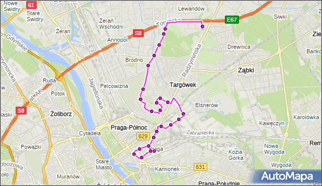 Mapa Polski Targeo, Autobus 140 - trasa DW.WSCHODNI (KIJOWSKA) - CH MARKI MK. ZTM Warszawa na mapie Targeo