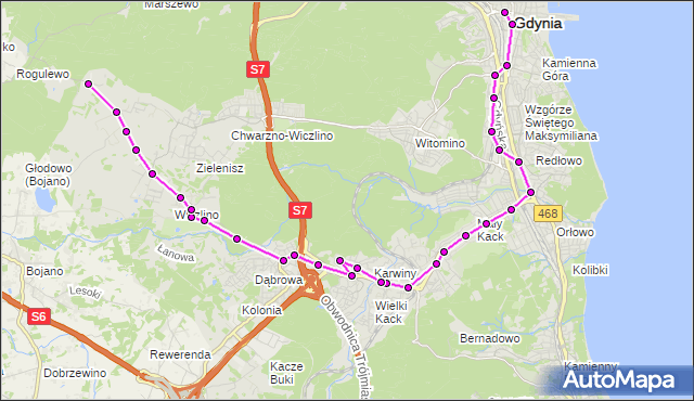 Mapa Polski Targeo, Autobus 172 - trasa 3 Maja - Wiczlino Niemotowo. ZKMGdynia na mapie Targeo