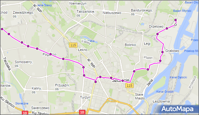 Mapa Polski Targeo, Tramwaj 5 - trasa Krzekowo - Ludowa. ZDiTM Szczecin na mapie Targeo