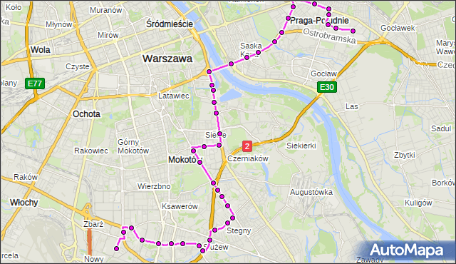 Mapa Polski Targeo, Autobus 141 - trasa WITOLIN - BOKSERSKA. ZTM Warszawa na mapie Targeo
