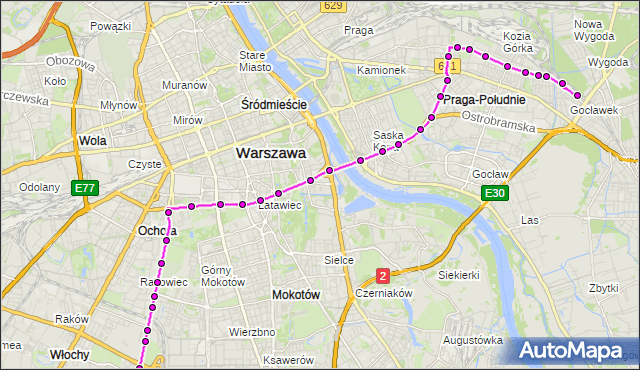 Mapa Polski Targeo, Autobus 188 - trasa GOCŁAWEK WSCHODNI - LOTNISKO CHOPINA. ZTM Warszawa na mapie Targeo