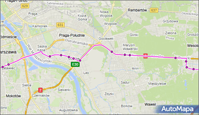 Mapa Polski Targeo, Autobus 411 - trasa METRO POLITECHNIKA - STARA MIŁOSNA. ZTM Warszawa na mapie Targeo