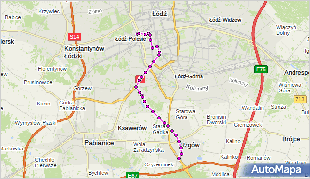 Mapa Polski Targeo, Autobus 50 - trasa Dworzec Łódź - Kaliska - Centrum Handlowe PTAK. MPKLodz na mapie Targeo