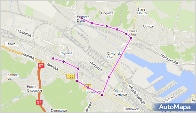 Mapa Polski Targeo, Autobus 770 - trasa Chylonia Dworzec PKP - Baza na Pogórzu Dolnym. ZKMGdynia na mapie Targeo